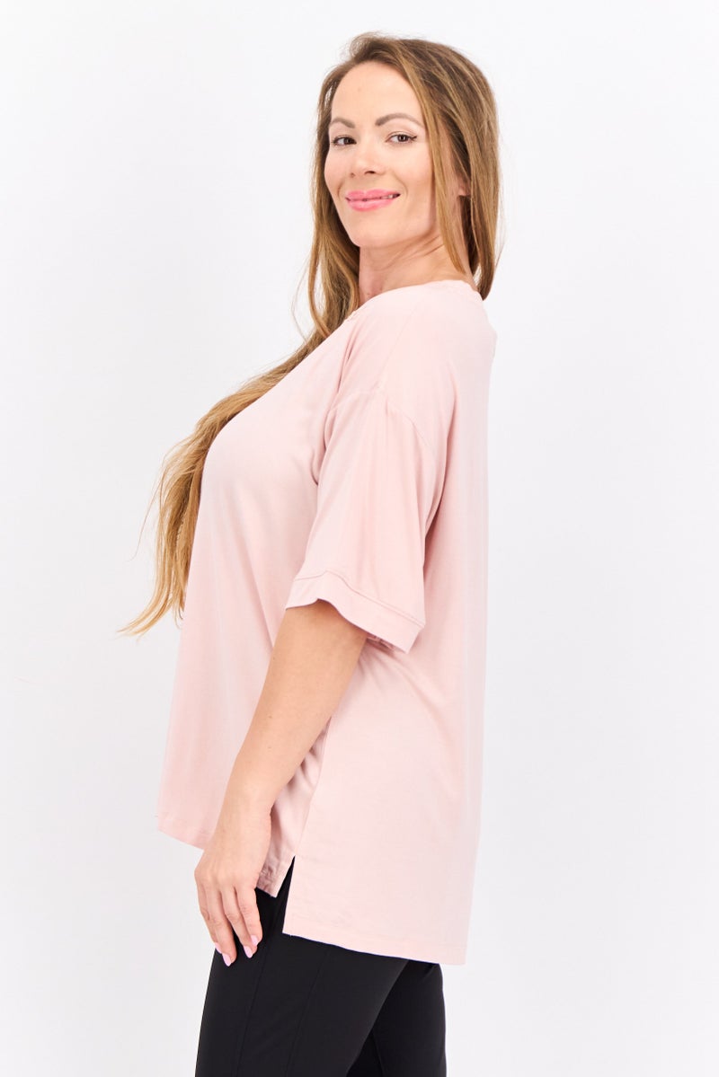 TRIBE OF 6 Women Round Neck Short Sleeves Embroidered T-shirt, Peach - Image 2